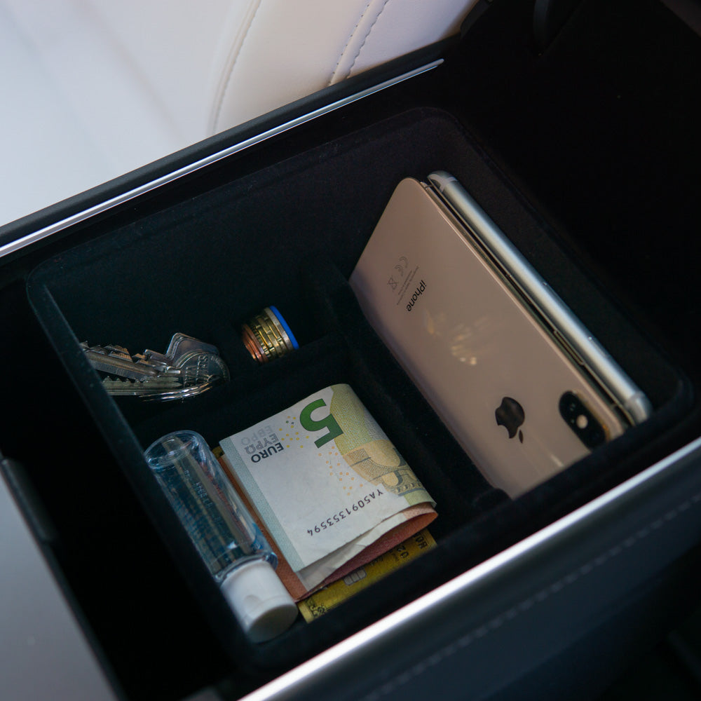 Kaufe Für Tesla Mode Y Modell 3 Mittelkonsole Organizer Fach  Aufbewahrungsbox Beflockt/ABS Armlehne Versteckte Schublade Aufbewahrungsbox  Auto